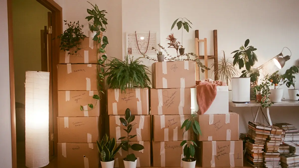 Packed moving boxes stacked in a room with pot plants