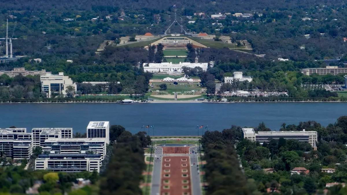 Canberra's parliamentary area and Lake Burley Griffin, with Parliament House beyond