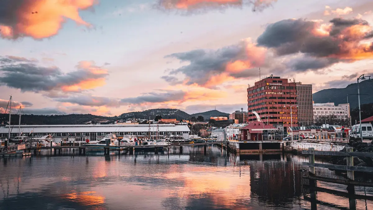 Hobart's waterfront at sunset